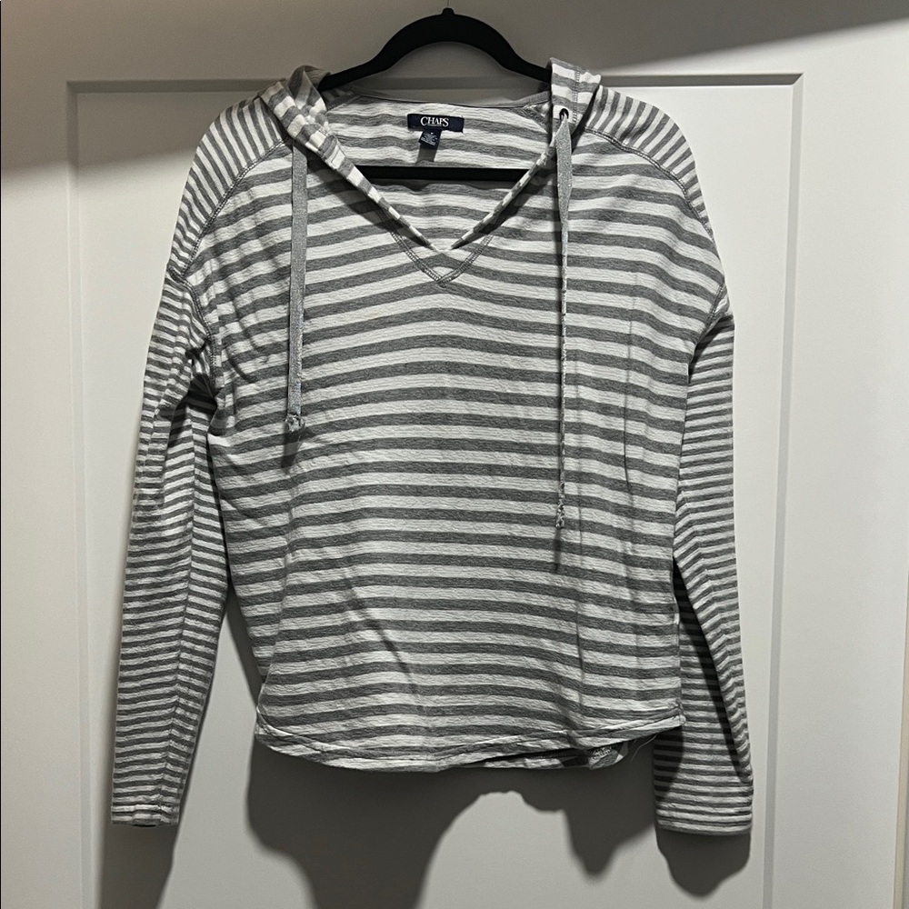 Chaps Gray and White Striped Pullover